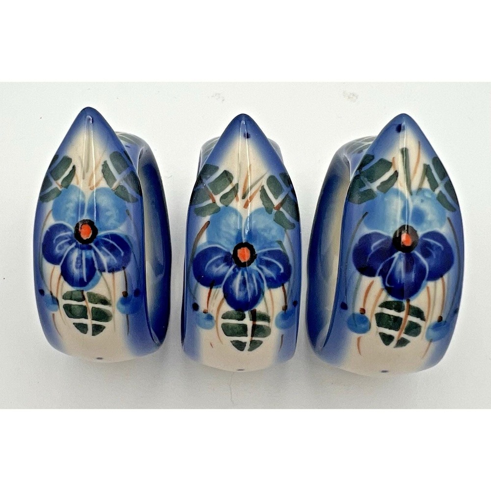 3 Kalich Poland Polish Hand Painted Napkin Rings Blue Floral Porcelain New
